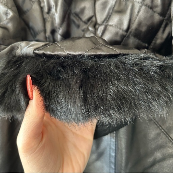 [XS] Vintage Danier Leather Moto Style Trench Coat Black Rabbit Fur Hood Winter - Picture 6 of 15
